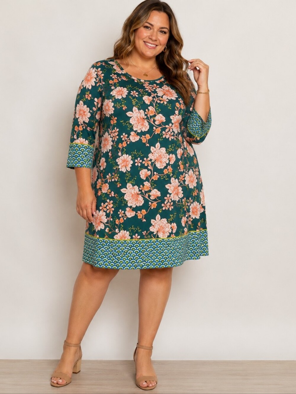 Wisp Woman Floral Shift Dress Plus Size 20W Green 3/4 Sleeve